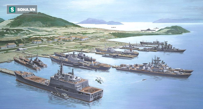 Tranh minh họa tàu Hải quân Nga tại căn cứ Cam Ranh (Việt Nam) trước khi rút đi vào năm 2002