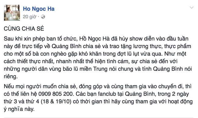 Hồ Ngọc Hà hủy show, đưa Su Beo về quê Quảng Bình cứu trợ đồng bào chịu thiên tai - Ảnh 1.