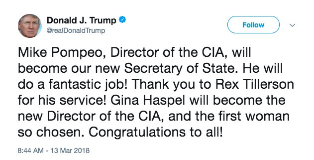 Ông Trump thông báo sa thải Ngoại trưởng Tillerson trên Twitter, thay thế bằng Giám đốc CIA - Ảnh 1.