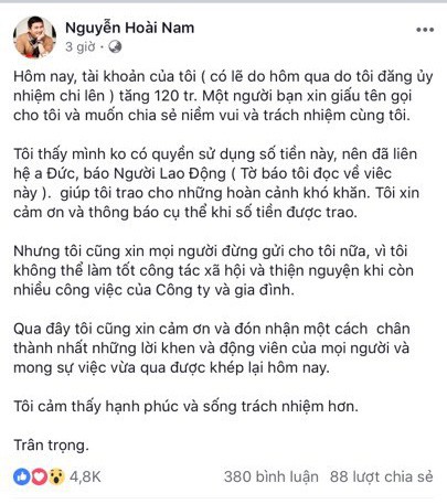 Sau khi giúp tài xế xe tải, doanh nhân Hoài Nam chia sẻ việc người giấu tên gửi 120 triệu - Ảnh 1. Sau khi giúp tài xế xe tải, doanh nhân Hoài Nam chia sẻ việc người giấu tên gửi 120 triệu - Ảnh 1.