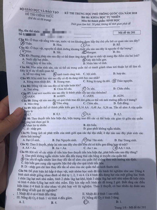 Gợi ý đáp án môn Sinh học tất cả mã đề thi THPT Quốc gia 2018 - Ảnh 6.