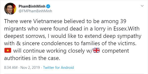 Trong số 39 nạn nhân ở Anh có người Việt Nam: Phó Thủ tướng Phạm Bình Minh gửi lời chia buồn tới gia đình các nạn nhân - Ảnh 1.