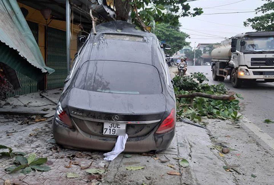 Ô tô Mercedes mất lái ‘trèo’ lên cây bàng, người dân giải cứu tài xế đưa đi cấp cứu - Ảnh 1. Ô tô Mercedes mất lái ‘trèo’ lên cây bàng, người dân giải cứu tài xế đưa đi cấp cứu - Ảnh 1.