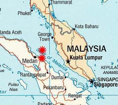 
Địa điểm tàu Urang Medana xuất phát (nốt đỏ dưới) và bị nổ chìm (nốt đỏ trên).
