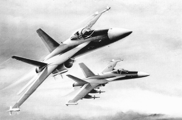 Hình vẽ của một họa sĩ biểu diễn F-18A và A-18A trong vai trò của mình. Hải quân đã lên kế hoạch trang bị các phi đội tấn công (VA) với A-18A và phi đội chiến đấu (VF) với F-18A