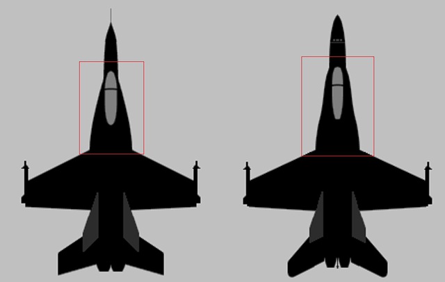 Hình vẽ tổng thể so sánh giữa YF-17 và F-18A. Ta có thể thấy F-18A có phần to hơn so với YF-17 và để dễ phân biệt giữa 2 chiếc ta dựa vào gốc cánh kéo dài (LERX). Gốc cánh kéo dài của F-18A dài hơn và tạo thành một đường con ngoằn ngoèo ở giữa