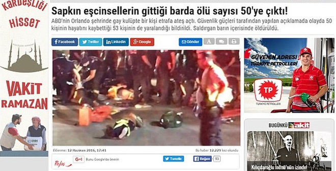 Báo Thổ Nhĩ Kỳ giật tít: "50 tên biến thái bị giết trong bar" gây phẫn nộ toàn thế giới Báo Thổ Nhĩ Kỳ giật tít: "50 tên biến thái bị giết trong bar" gây phẫn nộ toàn thế giới