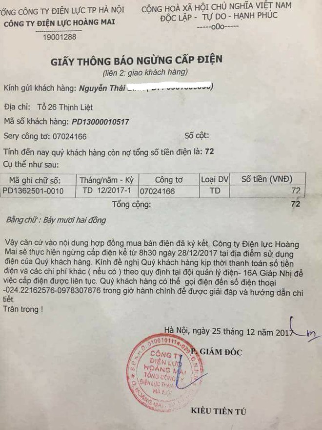 Nợ 72 đồng, khách hàng ở Hà Nội nhận giấy thông báo ngừng cấp điện - Ảnh 1. Nợ 72 đồng, khách hàng ở Hà Nội nhận giấy thông báo ngừng cấp điện