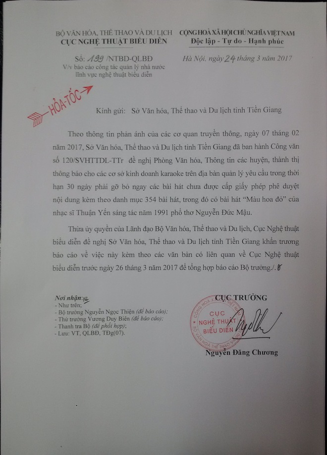 Lãnh đạo Bộ Văn hóa đề nghị Sở VH Tiền Giang báo cáo vụ cấm ca khúc Màu hoa đỏ - Ảnh 1.
