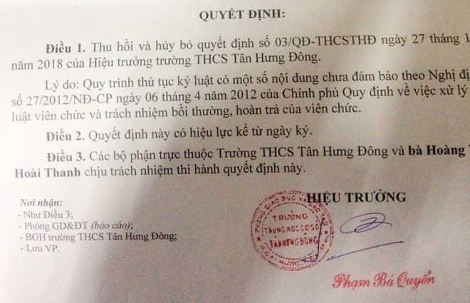 Thu hồi quyết định sa thải nữ giáo viên chống lệnh hiệu trưởng ở Cà Mau - Ảnh 1.