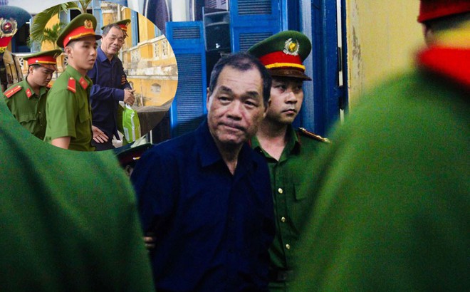Ông Trầm Bê gầy rộc, lúc dẫn vào phòng xét xử tay vẫn cầm túi thuốc Ông Trầm Bê gầy rộc, lúc dẫn vào phòng xét xử tay vẫn cầm túi thuốc