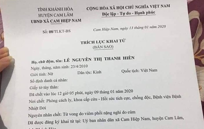 Bé gái tử vong do cúm ở Khánh Hòa không thuộc chủng virus corona mới tại Trung Quốc