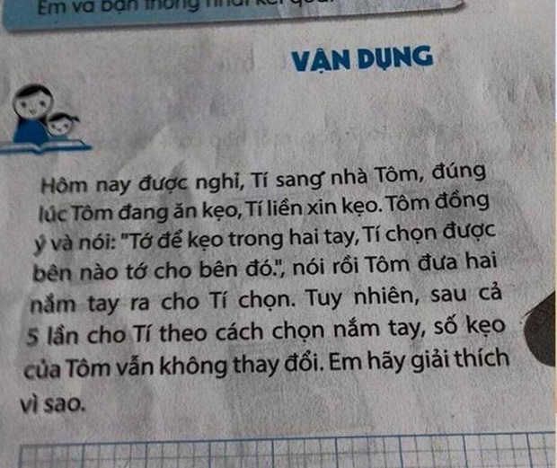 Toán lớp 3: Kẹo nằm ở 1 trong 2 tay Tôm, nhưng Tí chọn 5 lần không trúng, lời giải gây bất ngờ - Ảnh 1.