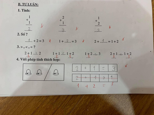 Con gái ghi 1 + 2 = 3 vẫn bị gạch sai, người mẹ thắc mắc hỏi dân mạng liền nhận về lý do tâm phục khẩu phục - Ảnh 1.