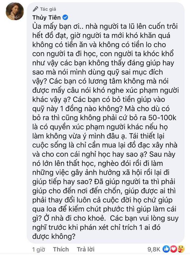 Bị phản đối vì trợ cấp học phí cho trẻ em vùng lũ, Thủy Tiên đáp trả cực căng: Các bạn vui lòng suy nghĩ trước khi phán xét - Ảnh 2.