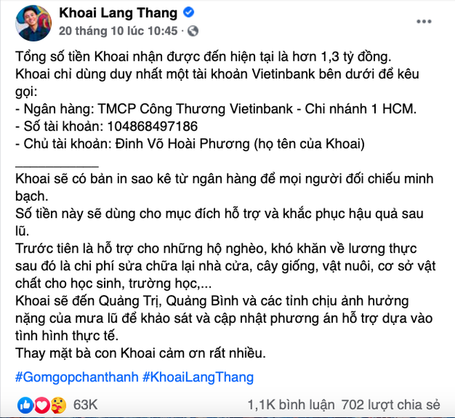 Cả “vũ trụ vlogger” cùng đồng lòng hướng về miền Trung: Khoai Lang Thang kêu gọi được 1,65 tỷ đồng, Bà Tân Vlog gửi thẳng 50 triệu ủng hộ - Ảnh 3.