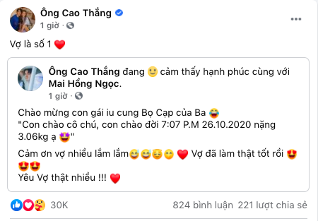 Dòng chia sẻ xúc động của Ông Cao Thắng sau khi cô con gái nhỏ chào đời.