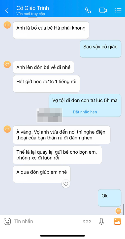 Cô giáo mếu máo nhắn tin cho phụ huynh: Anh lên đón con về đi, vợ anh vừa được rủ đi đánh ghen - Ảnh 1.