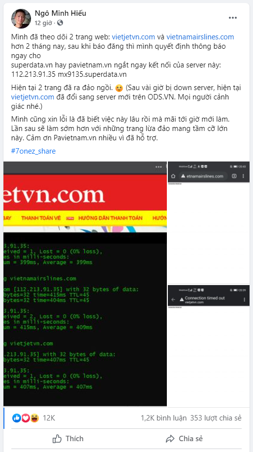 Sau thông báo của Hieupc, 2 website giả mạo các hãng hàng không đã bị mất khả năng truy cập - Ảnh 1.