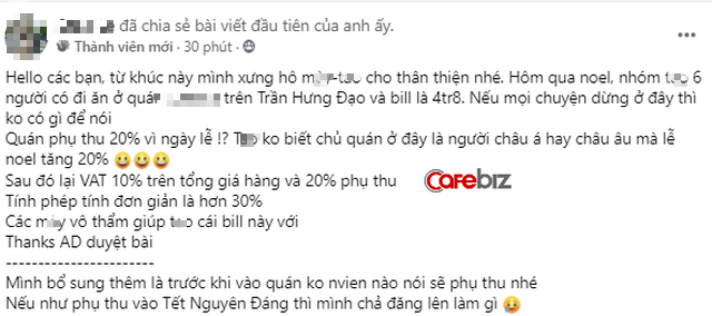 Khách hàng tố quán ăn Sài Gòn chém đẹp dịp Noel: Tiền ăn 4,8 triệu đồng, phụ thu gần 1 triệu, thuế VAT 10% tính trên tổng hóa đơn đã có phụ thu - Ảnh 1.