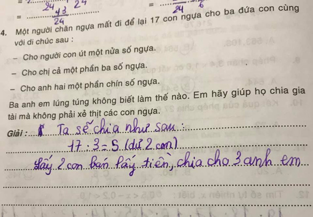 Hỏi: Chia đều 17 con ngựa cho 3 người?, đáp án thông minh của cậu nhóc khiến giáo viên cười lăn, còn bà mẹ thì chua mặt quá! - Ảnh 2.