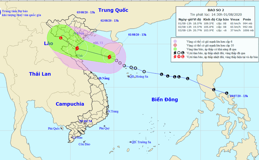 Vị trí và đường đi của bão số 2. Ảnh: nchmf.gov.vn.