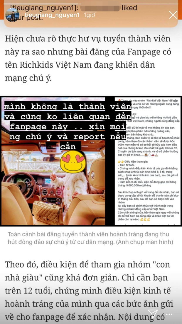 Tiểu Giang - chị cả giới con nhà giàu lên tiếng khi bị fanpage rich kid lấy ảnh tuyển hội viên, thu phí 5 triệu/tháng - Ảnh 2.