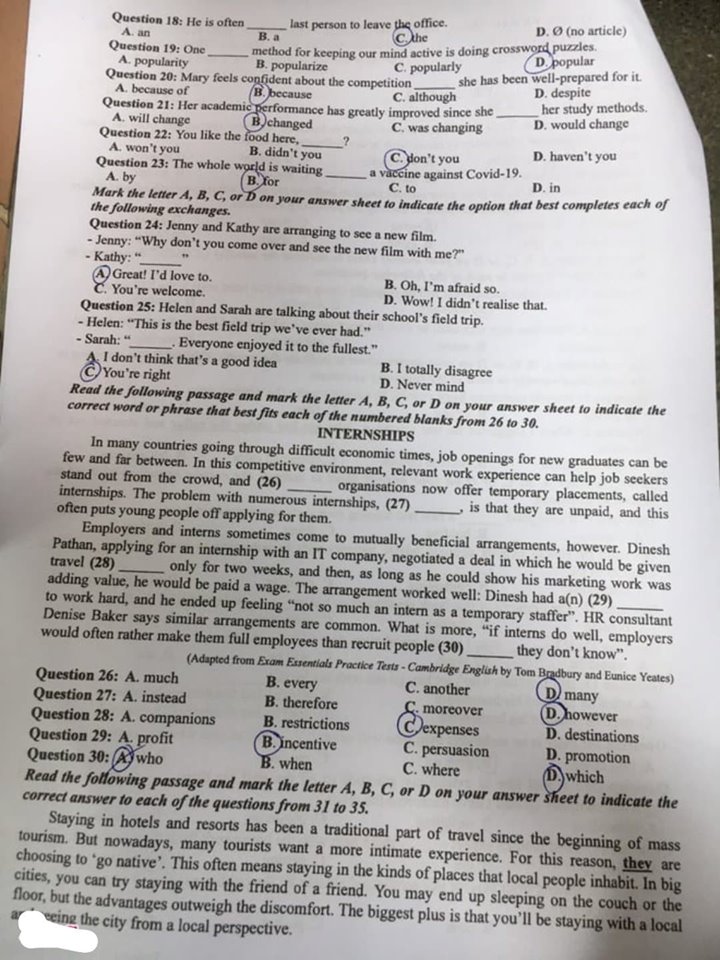 [CẬP NHẬT] Đ&aacute;p &aacute;n tất cả c&aacute;c m&atilde; đề m&ocirc;n Anh kỳ thi tốt nghiệp THPT Quốc gia năm 2020 - Ảnh 12.