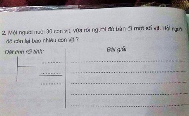 Có 30 con vịt, bán đi một số con vịt, hỏi còn mấy con: Bài Toán lớp 3 khiến dân mạng tức anh ách - Ảnh 1.