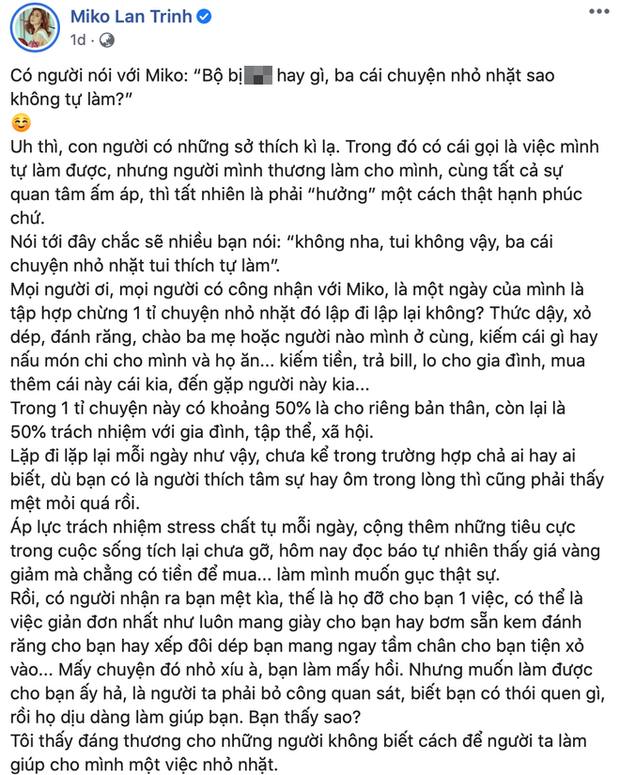 MC Miko Lan Trinh công khai chân dung người yêu chuyển giới, kể chuyện bị chỉ trích chỉ vì để nửa kia thắt dây giày hộ - Ảnh 1.