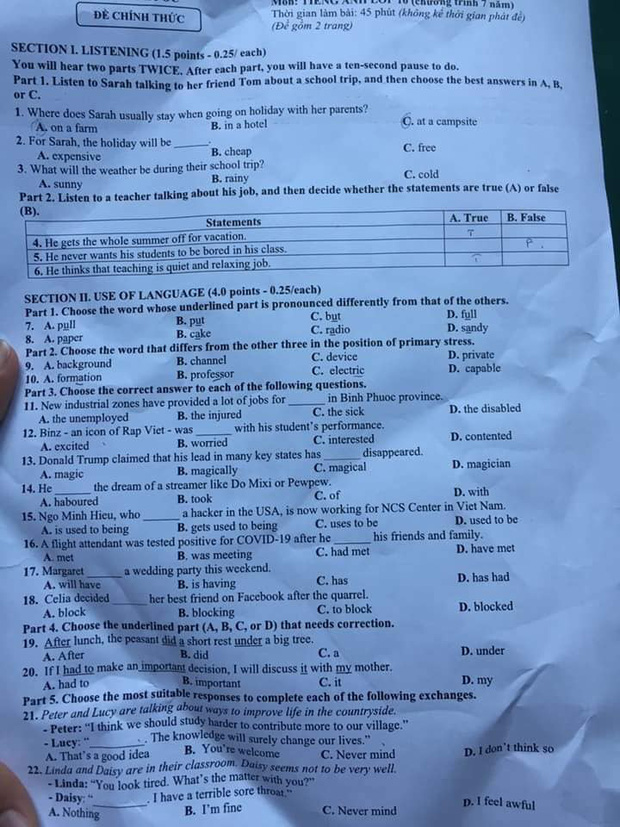 Binz, Độ Mixi, Pewpew và cả Hieupc bất ngờ xuất hiện trong đề thi tiếng Anh khiến hội học trò sướng rơn - Ảnh 1.