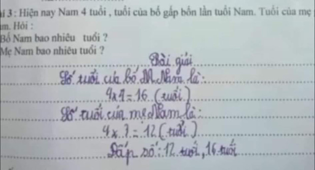 Đề toán tính số tuổi của bố mẹ, trò làm đúng hết mà ai đọc xong cũng tá hỏa vì một chi tiết: Thế này có bậy không cơ chứ! - Ảnh 1.