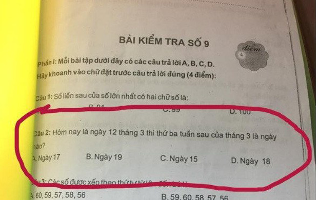 Bài toán lớp 1 gây lú, người lớn đọc xin bó tay: Hôm nay là ngày 12 tháng 3 thì thứ ba tuần sau của tháng 3 là ngày nào? - Ảnh 1.