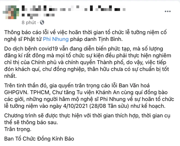 Phía cố ca sĩ Phi Nhung thông báo hoãn lễ tưởng niệm ngày 4/10, lý do là gì? - Ảnh 1.