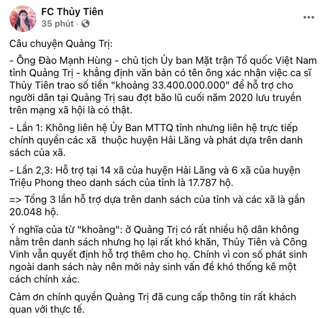 Phía Thuỷ Tiên làm rõ lý do không thống kê được chính xác số tiền từ thiện ở Quảng Trị? - Ảnh 1.