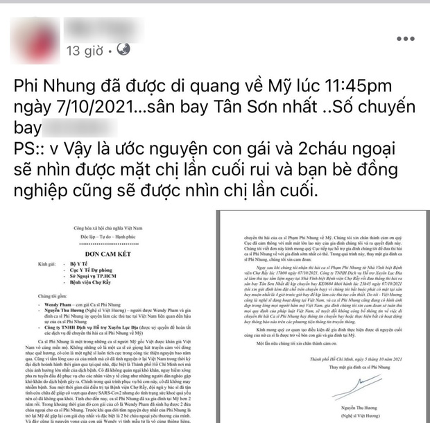 Xuất hiện thông tin thi hài Phi Nhung đã về Mỹ vào tối hôm qua, có cả số chuyến bay và đơn cam kết của NS Việt Hương? - Ảnh 1.