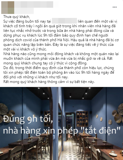 Hà Nội: Nhà hàng xin lỗi vì cãi nhau tay đôi với khách ngồi ăn quá giờ - Ảnh 1.