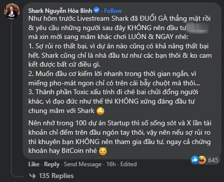 Shark Bình: Thành phần toxic xấu tính chê bai người khác thì không xứng đáng đầu tư chung mâm với Shark  - Ảnh 1.