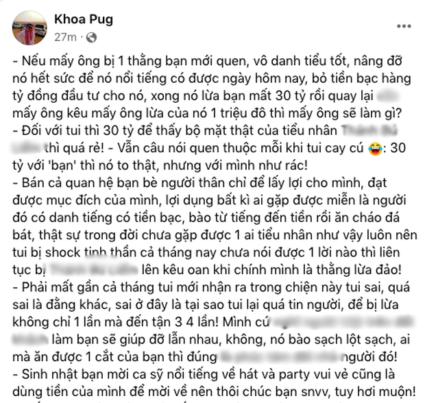 “Nổ” status bóc mẽ Johnny Đặng căng đét, Khoa Pug chốt lại bằng… lời cảm ơn tới một người giúp “đầu óc thanh thản”: Ai vậy ta? - Ảnh 1.