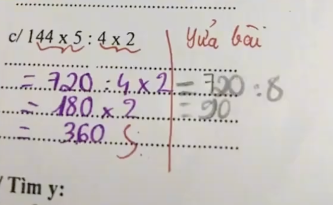 Học trò làm bài Toán 180x2 = 360 nhưng bị giáo viên gạch bỏ, bèn đổi sang cách tính khác nhìn còn ảo ma hơn - Ảnh 1.