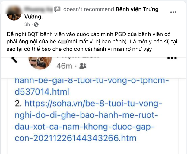 Vụ bé gái nghi bị dì ghẻ bạo hành: CĐM ồ ạt tấn công Fanpage sau tin đồn ông nội nạn nhân là phó Giám đốc, BV Trưng Vương lên tiếng - Ảnh 6.