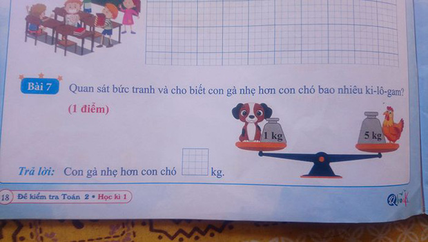 Bài toán cấp 1 gây lú: Quan sát tranh rồi tính gà nhẹ hơn chó bao nhiêu cân, đến người IQ 200 cũng chẳng giải được - Ảnh 1.