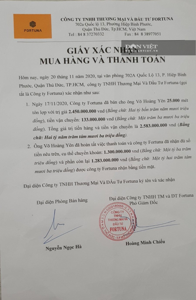 Ông Võ Hoàng Yên bị tố “ăn chặn” tiền cứu trợ: Có trốn thuế khi mua 25.000 mét tôn từ Công ty Fortuna? - Ảnh 1.