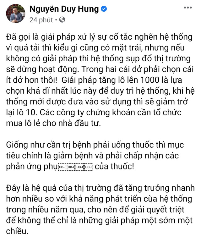 Ông Nguyễn Duy Hưng: Tăng lô lên 1.000 cổ phiếu là giải pháp ít dở hơn để duy trì hệ thống - Ảnh 1.