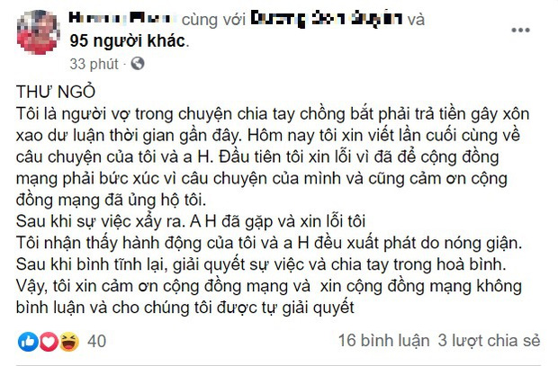 Vụ vợ tố bị đòi 42 triệu tiền ăn, tiền khám sản trước khi ly hôn: Chồng đã xin lỗi, hai vợ chồng muốn chia tay trong hòa bình - Ảnh 1.