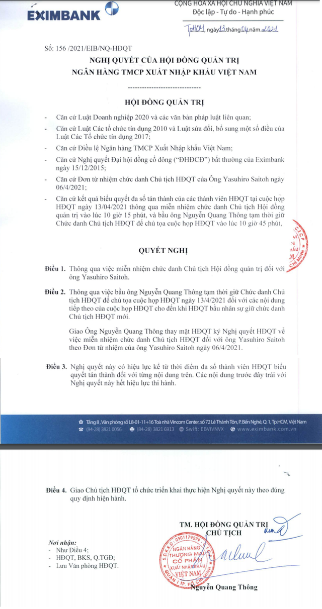  Sóng gió lại nổi lên ở thượng tầng Eximbank, 2 quyết định bổ nhiệm Chủ tịch HĐQT chỉ cách nhau 1 tiếng đồng hồ  - Ảnh 2.