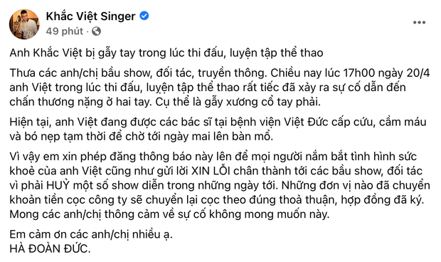 Khắc Việt nhập viện cấp cứu vì gãy tay, tạm thời cầm máu và bó nẹp chờ lên bàn mổ - Ảnh 3.