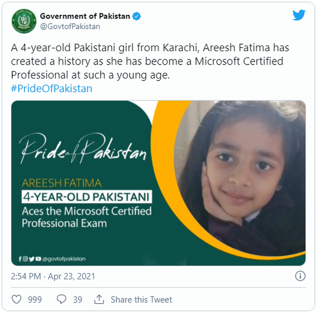 Mới 4 tuổi, cô bé người Pakistan đã phá kỷ lục thế giới khi giành được chứng nhận chuyên gia của Microsoft - Ảnh 1.