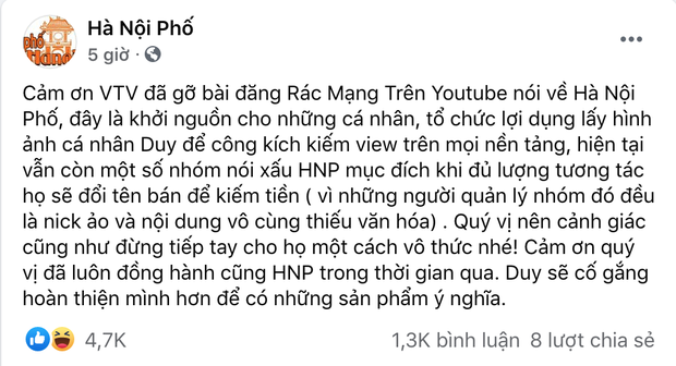 Duy Nến bất ngờ cảm ơn VTV vì xoá clip rác mạng nói về kênh Hà Nội Phố, cố đổi tên YouTube của mình lại như cũ - Ảnh 1.