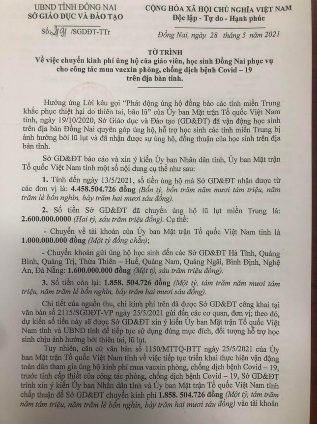 1,85 tỷ đồng ủng hộ miền Trung chưa giải ngân, Sở Giáo dục Đồng Nai nói gì? - Ảnh 1.